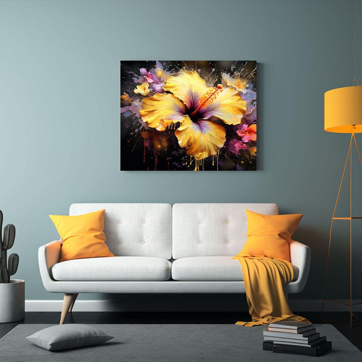 Pintura Luminosa Hibiscus En Estilo Acuarela Amarillo Oscuro 60x40cm-2