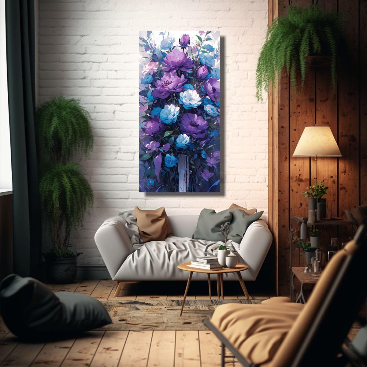 Pintura Lienzo Equilibrio Morado Y Turquesa Flores 70x140cm-2