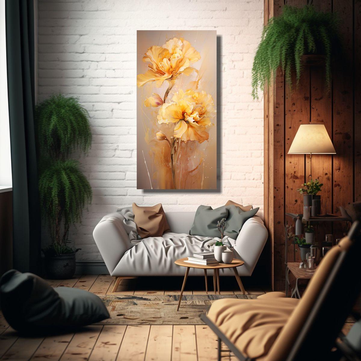 Pintura Abstracta De Flores En Colores Dorados 30x60cm-2