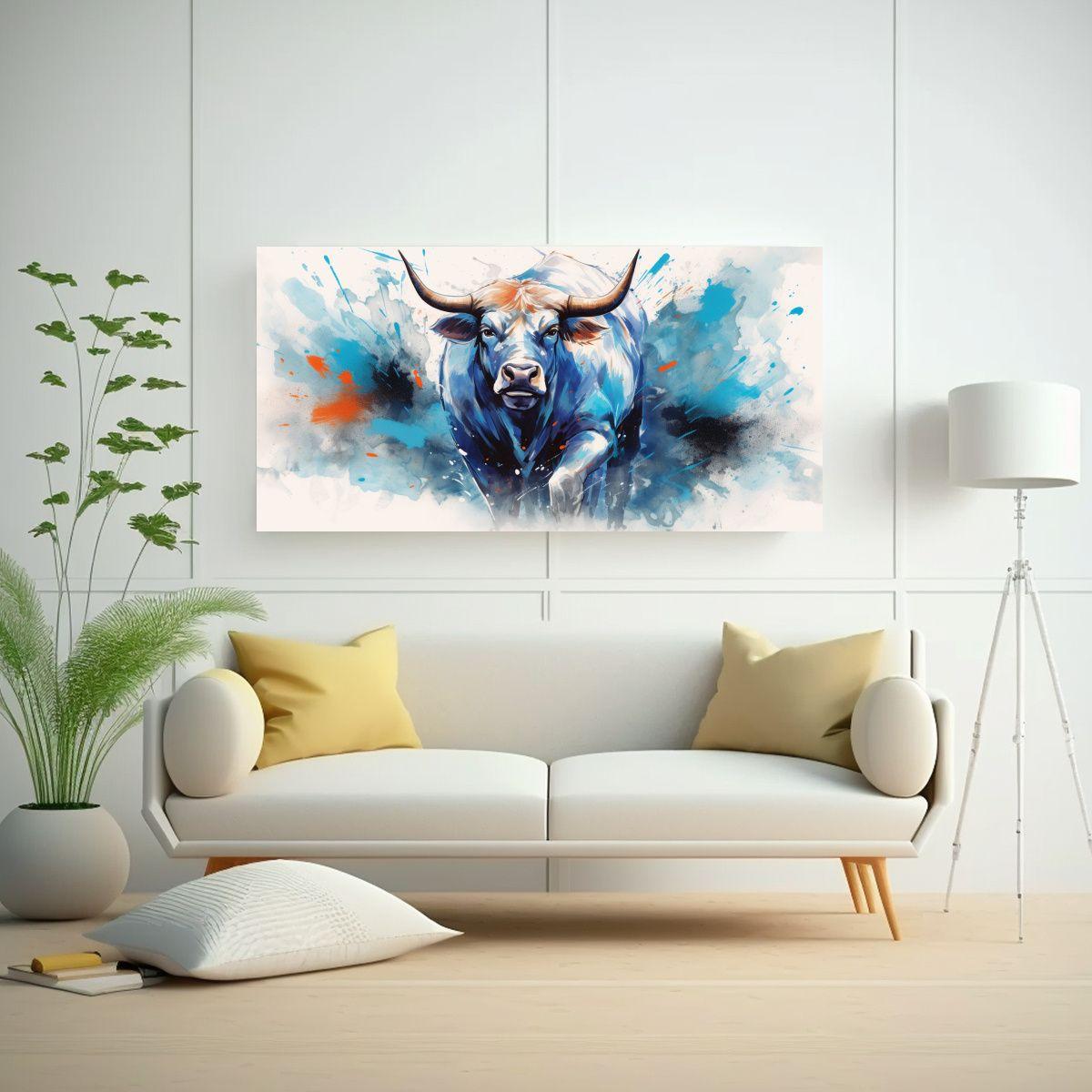 Cuadro Bonito De Toro Blanco Y Azul Neo Pop Art 120x60cm-2