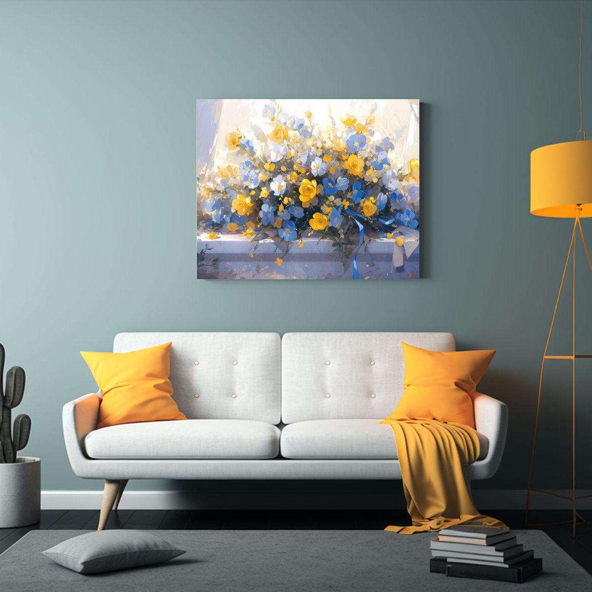 Cuadro Acuarela Clásico Flores Amarillas Y Azules En Lienzo 65x50cm-2