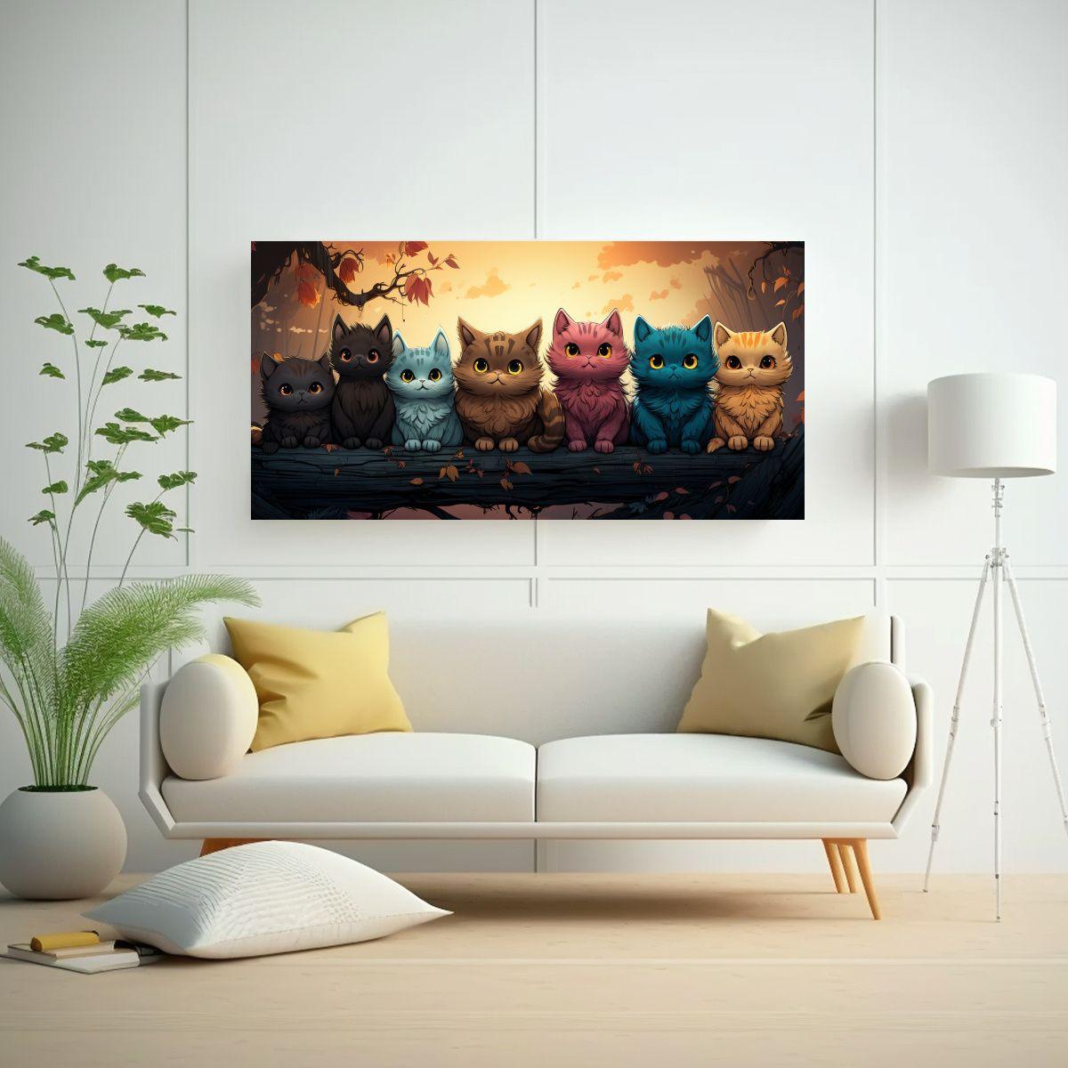 Cuadro Tela Gatos Coloridos Sobre Pila Mirando 40x20cm-2