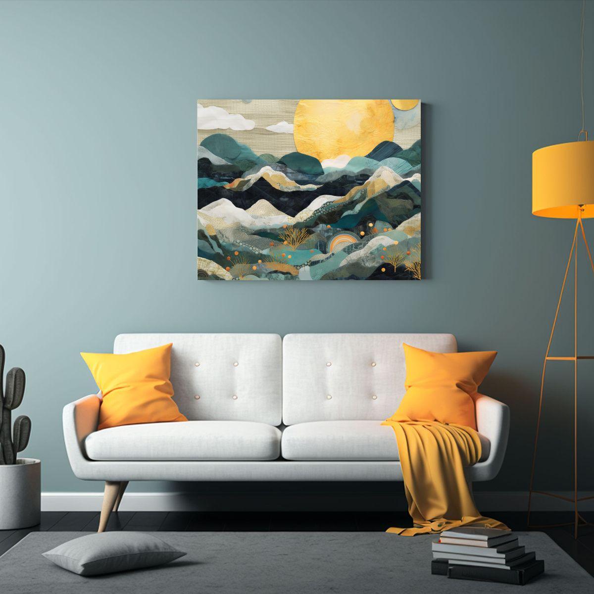 Pintura Paisaje Montañas Nubes Sol Decoración Habitación 90x60cm-2