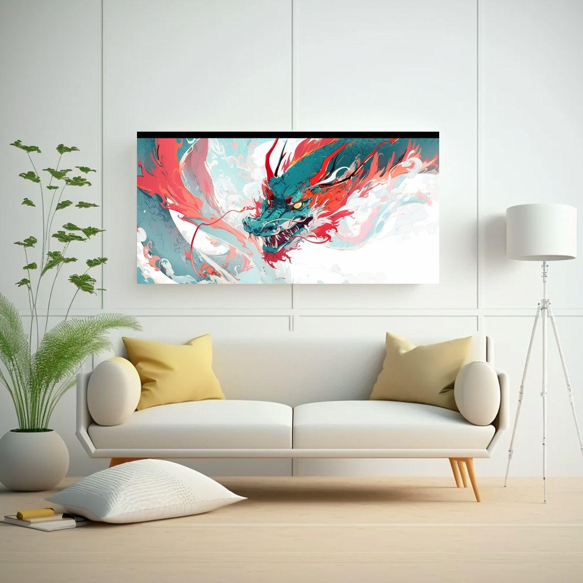 Pintura Decorativa De Dragón En Rojo Y Turquesa, 100x50cm-2