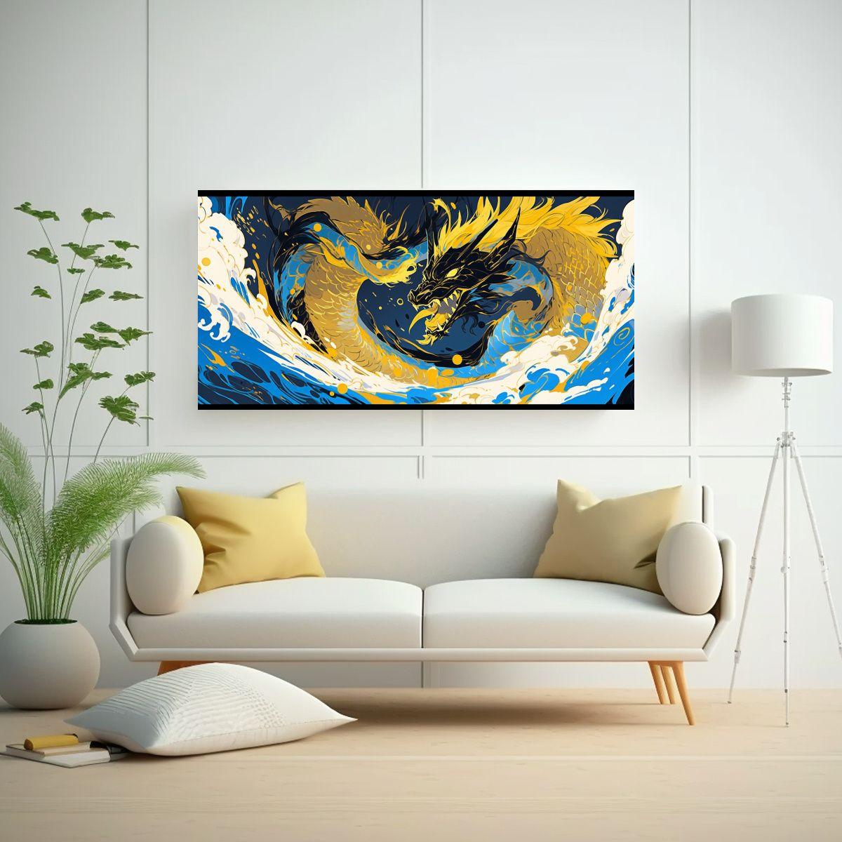 Cuadro De Dragón En Oro Y Azul, Neonoir Atmosfera 140x70cm-2