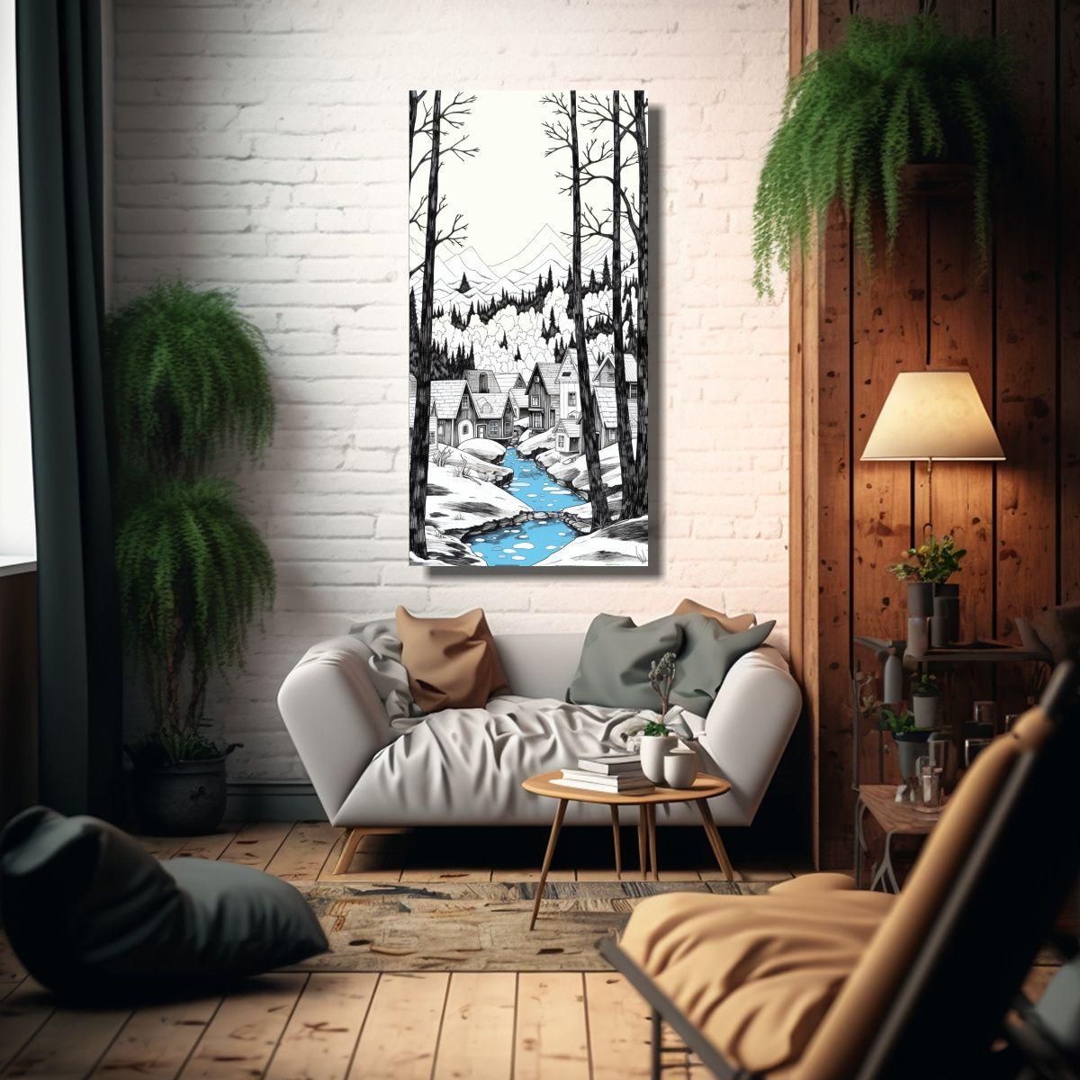 Cuadro Tonos Escena Print Dibujo Línea Bosque Nie 60x120cm-2
