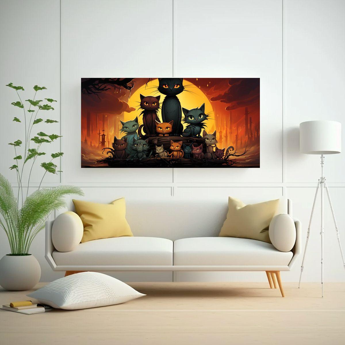 Cuadro Artesanal Horizontal Gatos Negros En Pila 120x60cm-2