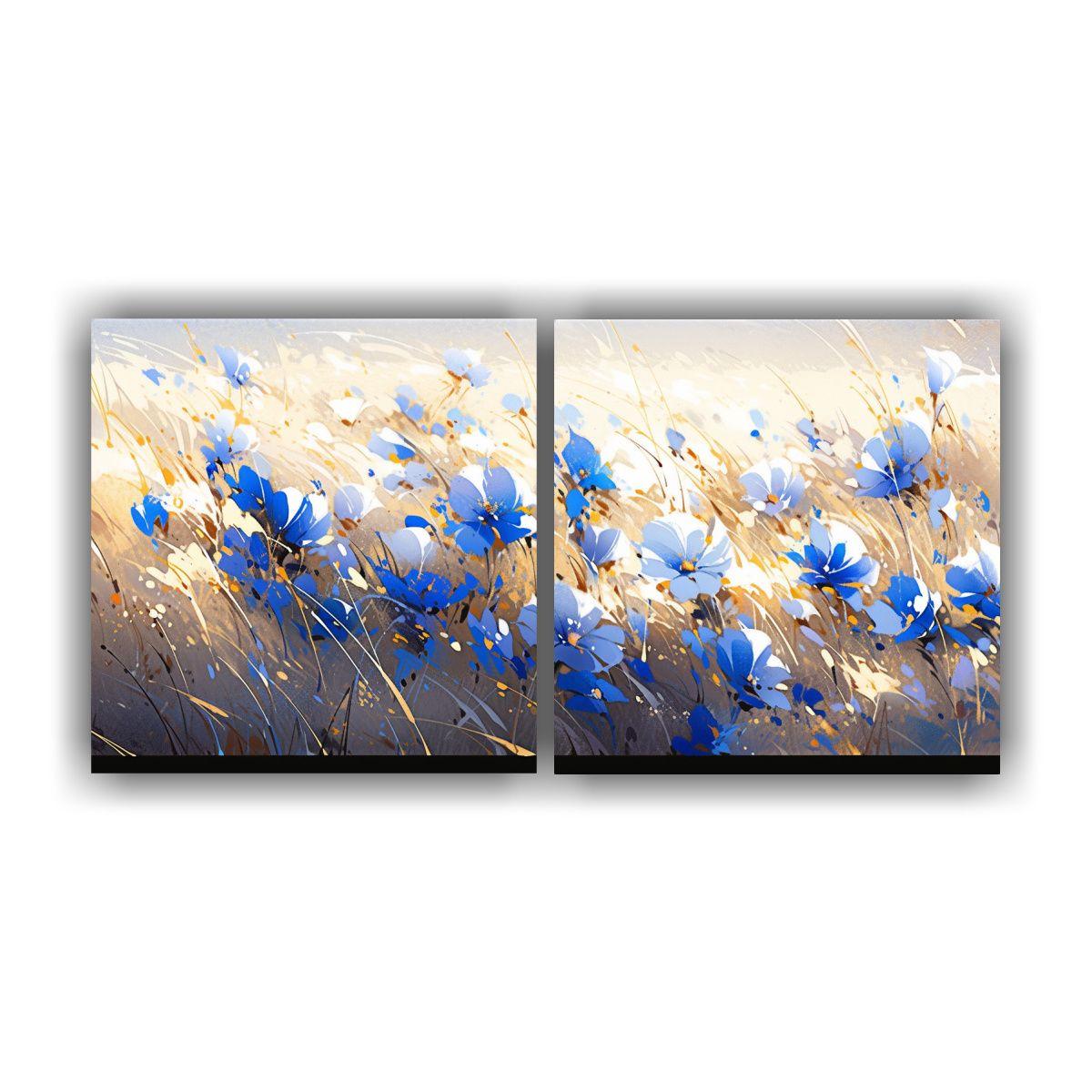 Pintura Flores Oro Y Azul En Lienzo De Vanguardia 60x30 Cm-0
