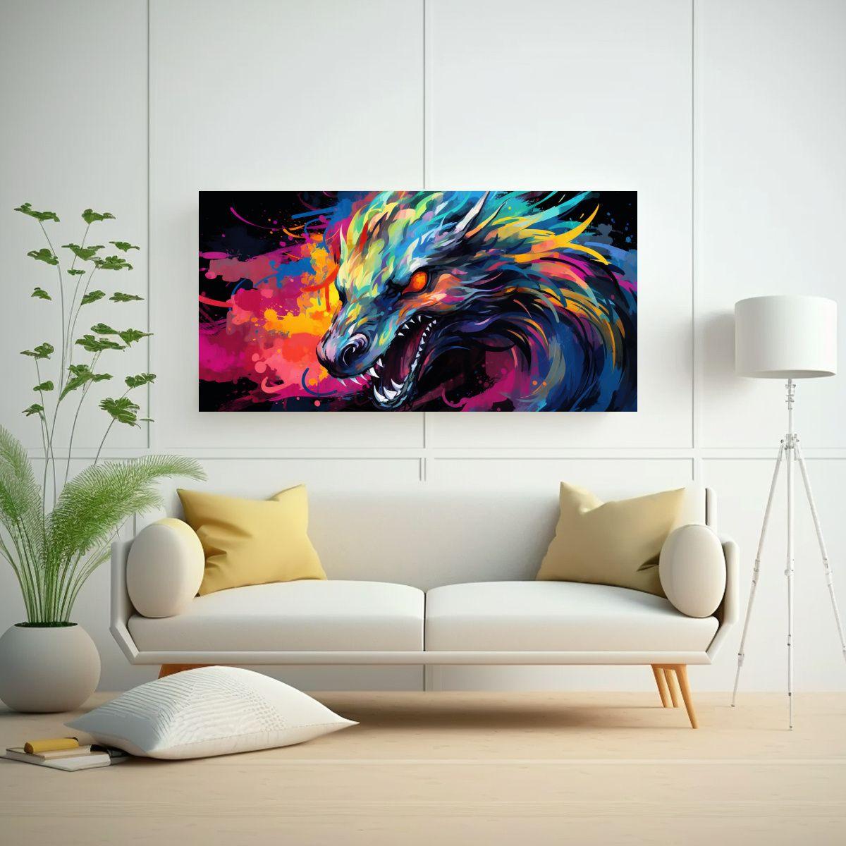Pintura Fantasía Dragón Arcoíris Colores 80x40cm-2