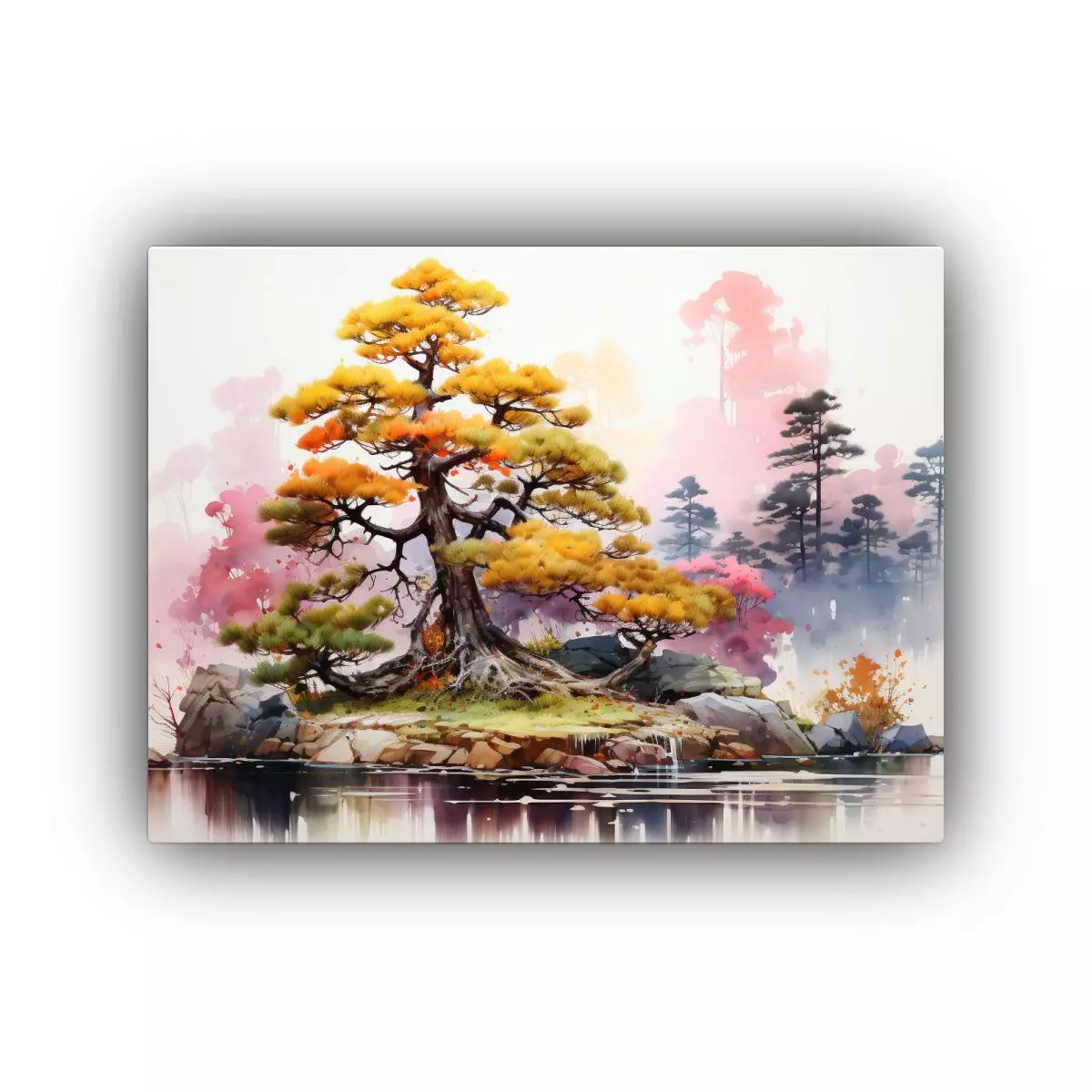 Cuadro Abstracto De Un árbol Bonsái En Tonos Amarillo Y Ro 40x30cm-0
