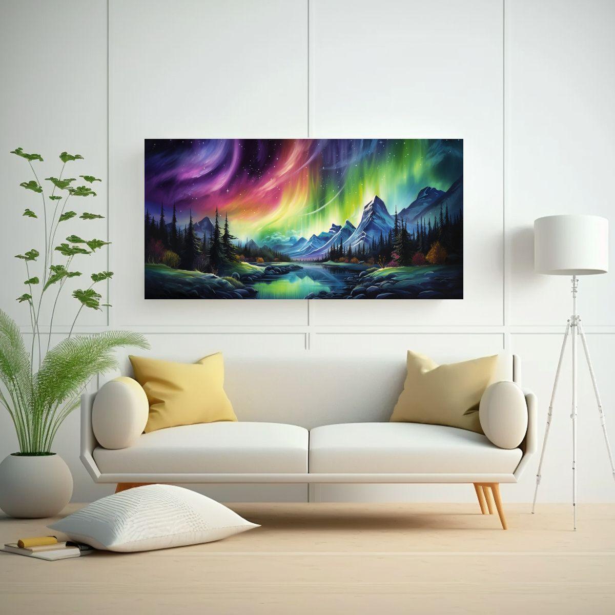 Pintura Decorativa: Aurora Boreal Con Arcoíris Y  60x30cm-2