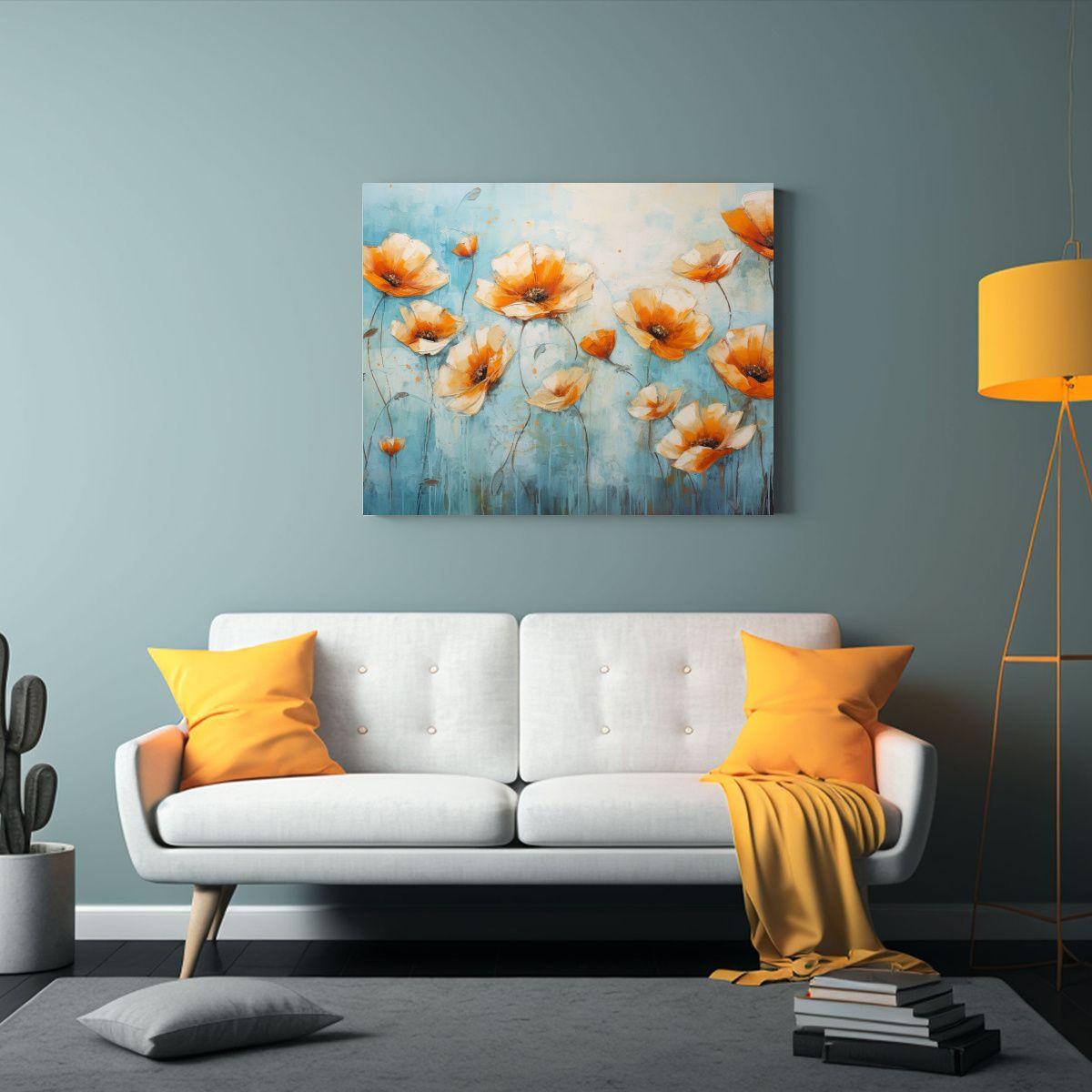 Pintura Floral En Lienzo En Tonos Naranja Y Azul 30x20cm-2