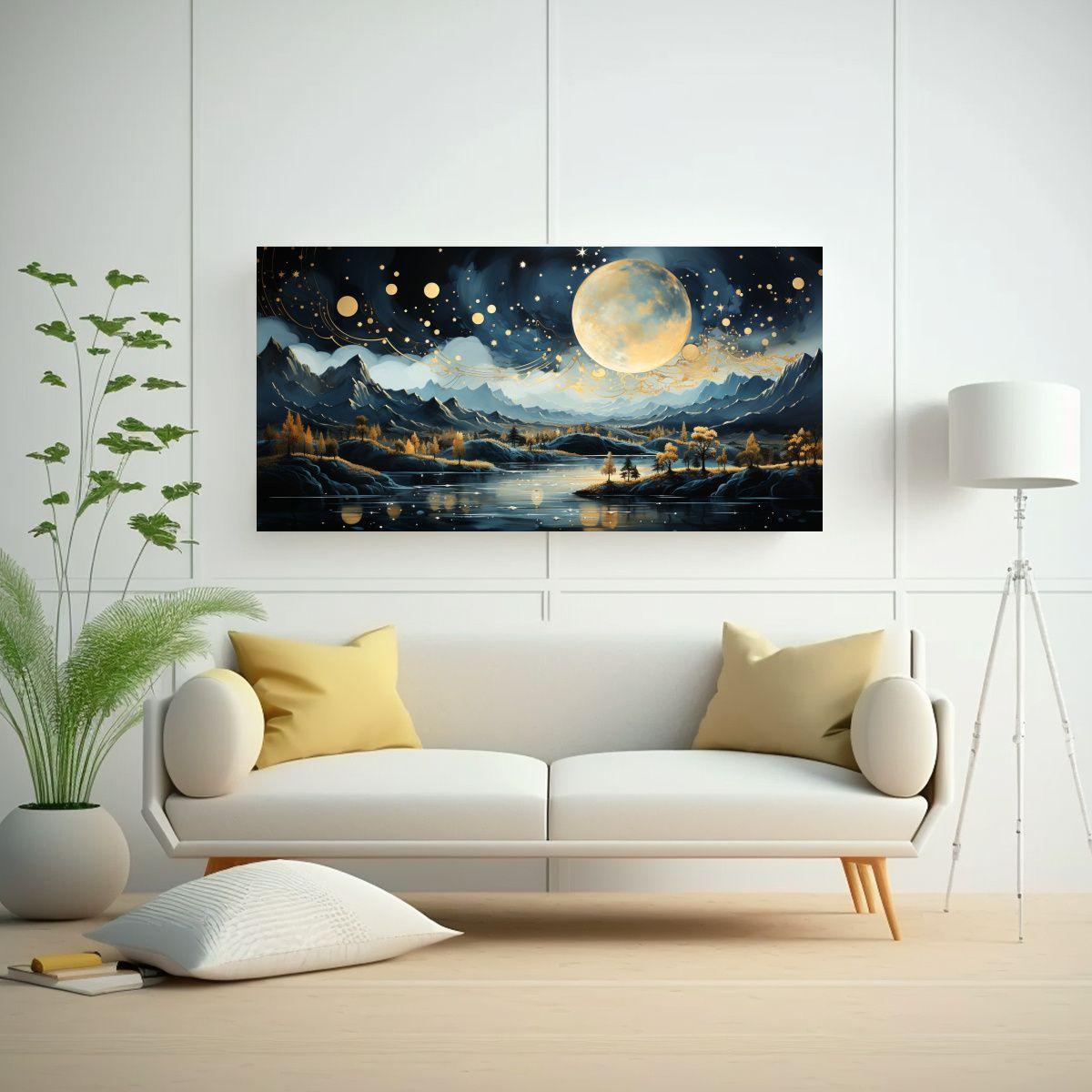 Pintura Inspiradora Juvenil: Luna Sobre Montañas. 100x50cm-2
