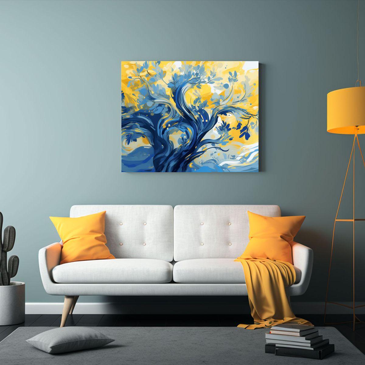 Pinturas Decorativas Con árbol De Olivo En Amarillo Y Azul, 65x50cm-2