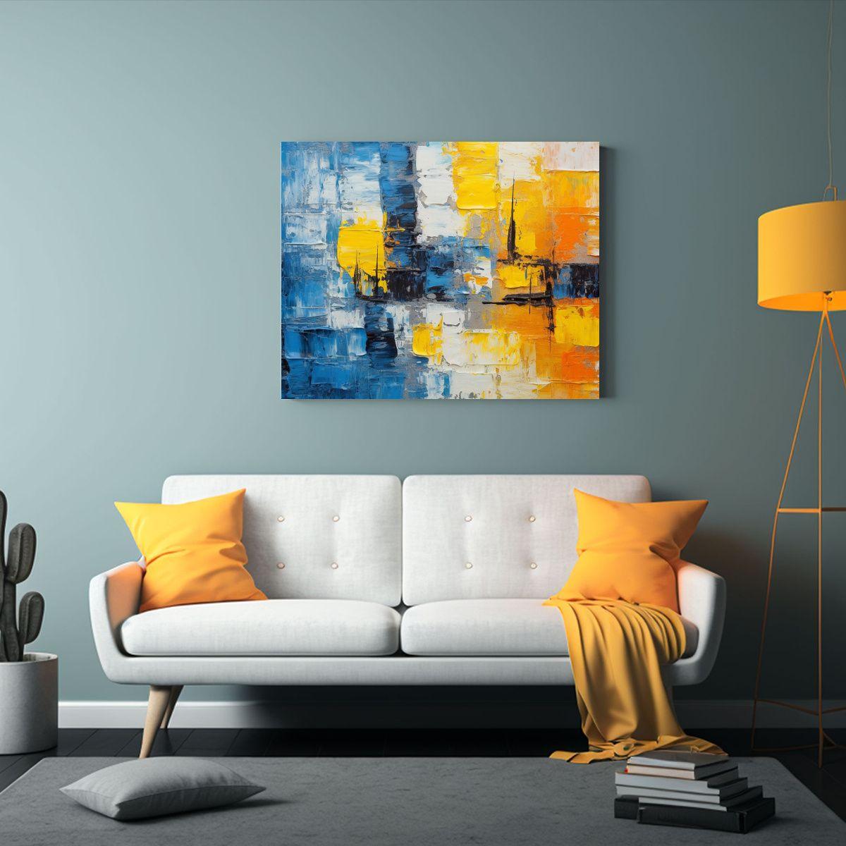 Pintura Abstracta En Amarillo, Azul Y Naranja 65x50cm-2