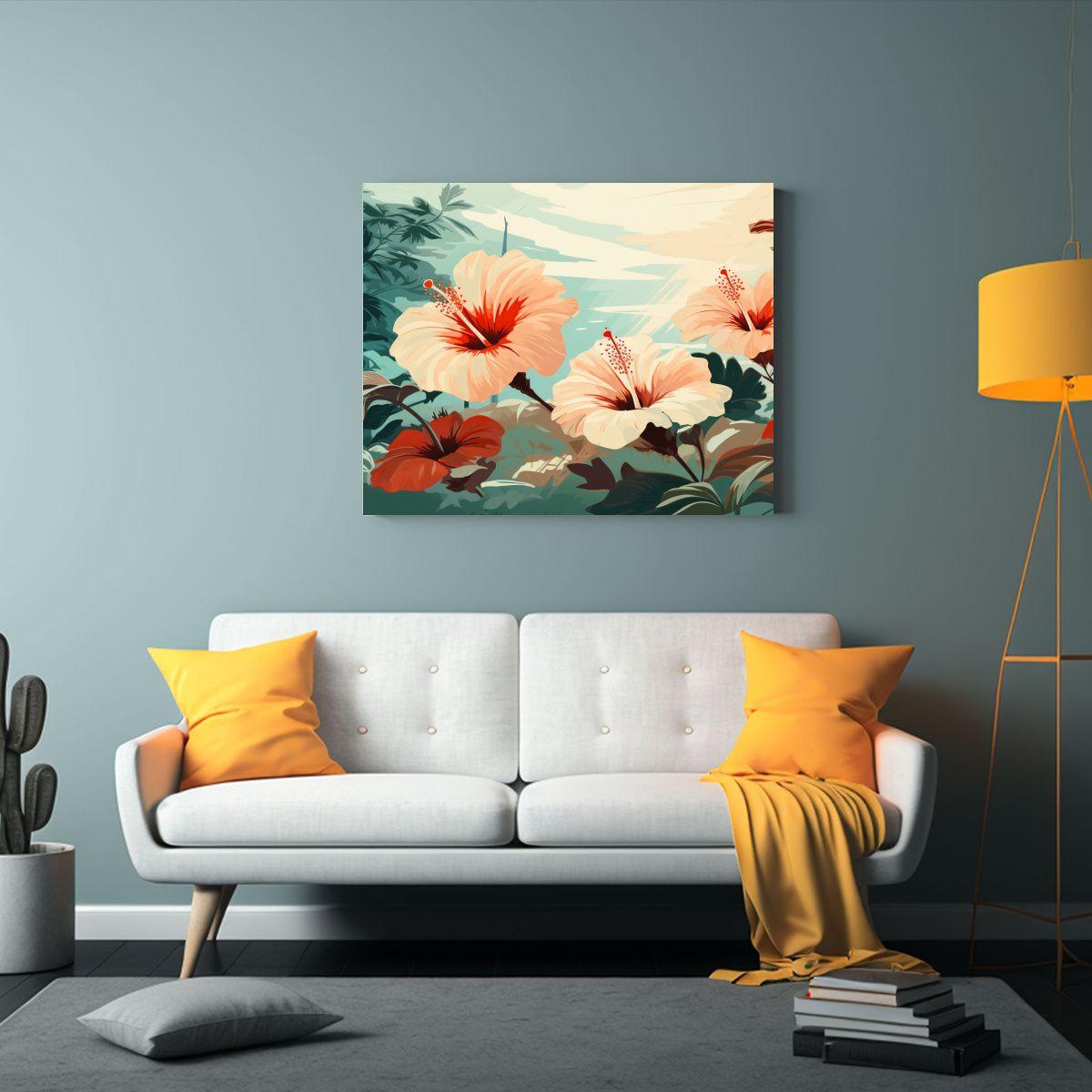 Pintura Decorativa Con Varias Flores De Hibisco 30x20cm-2