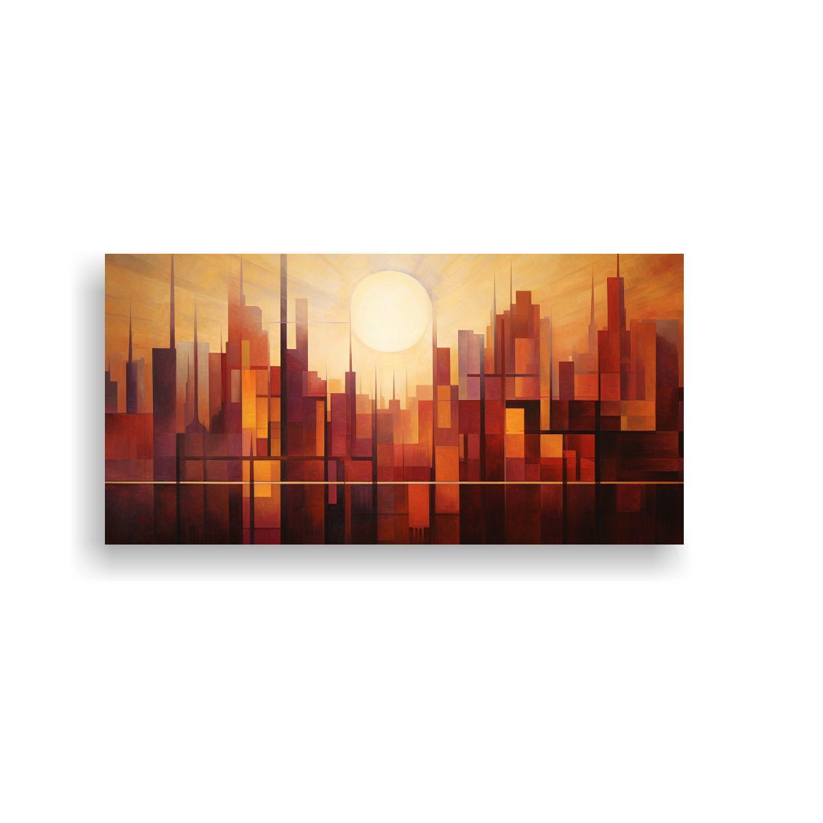 Pintura Abstracta De Ciudad Al Amanecer En Lienzo 40x20cm-0