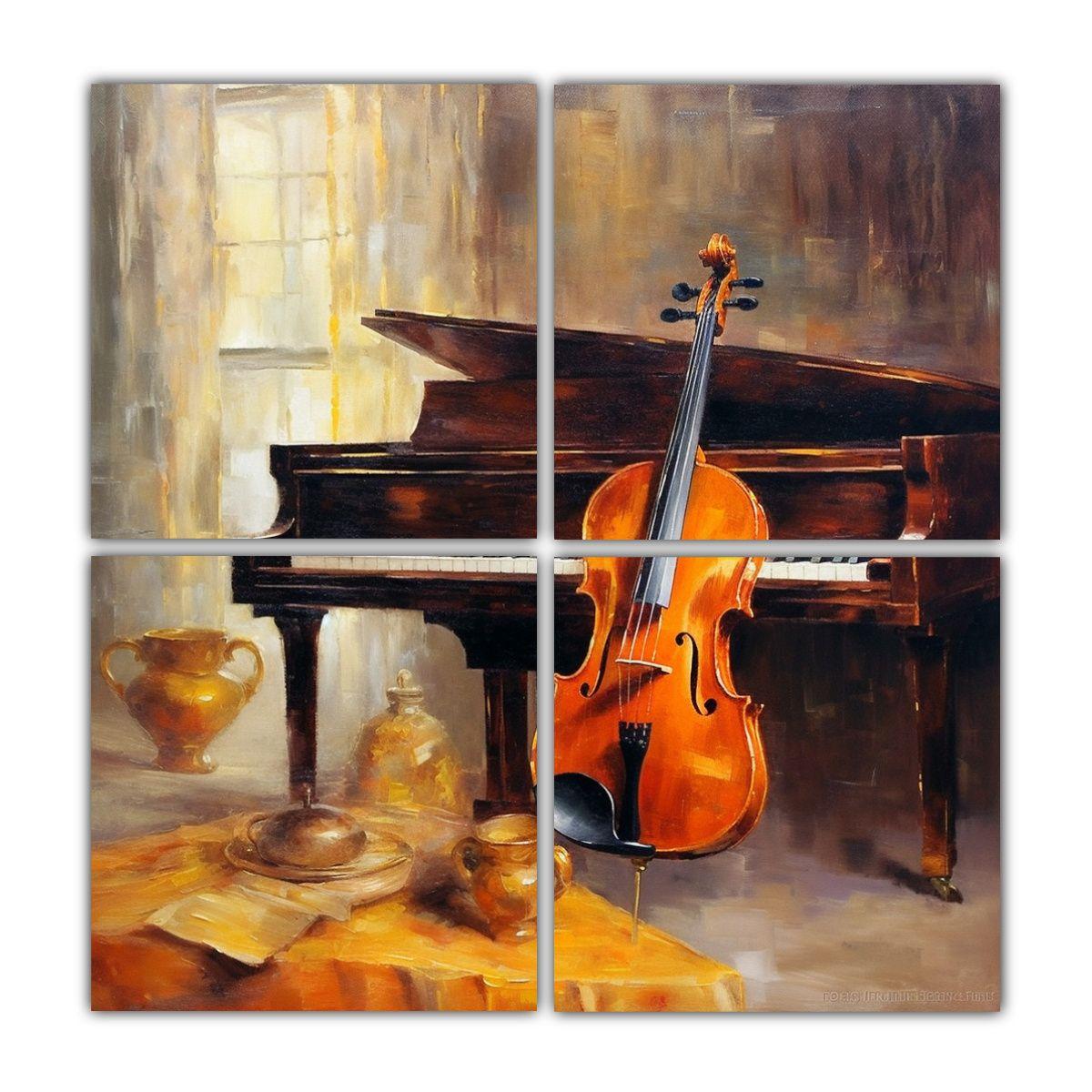 Pintura Al óleo De Violín Y Piano, Estética 140x140 Cm-0