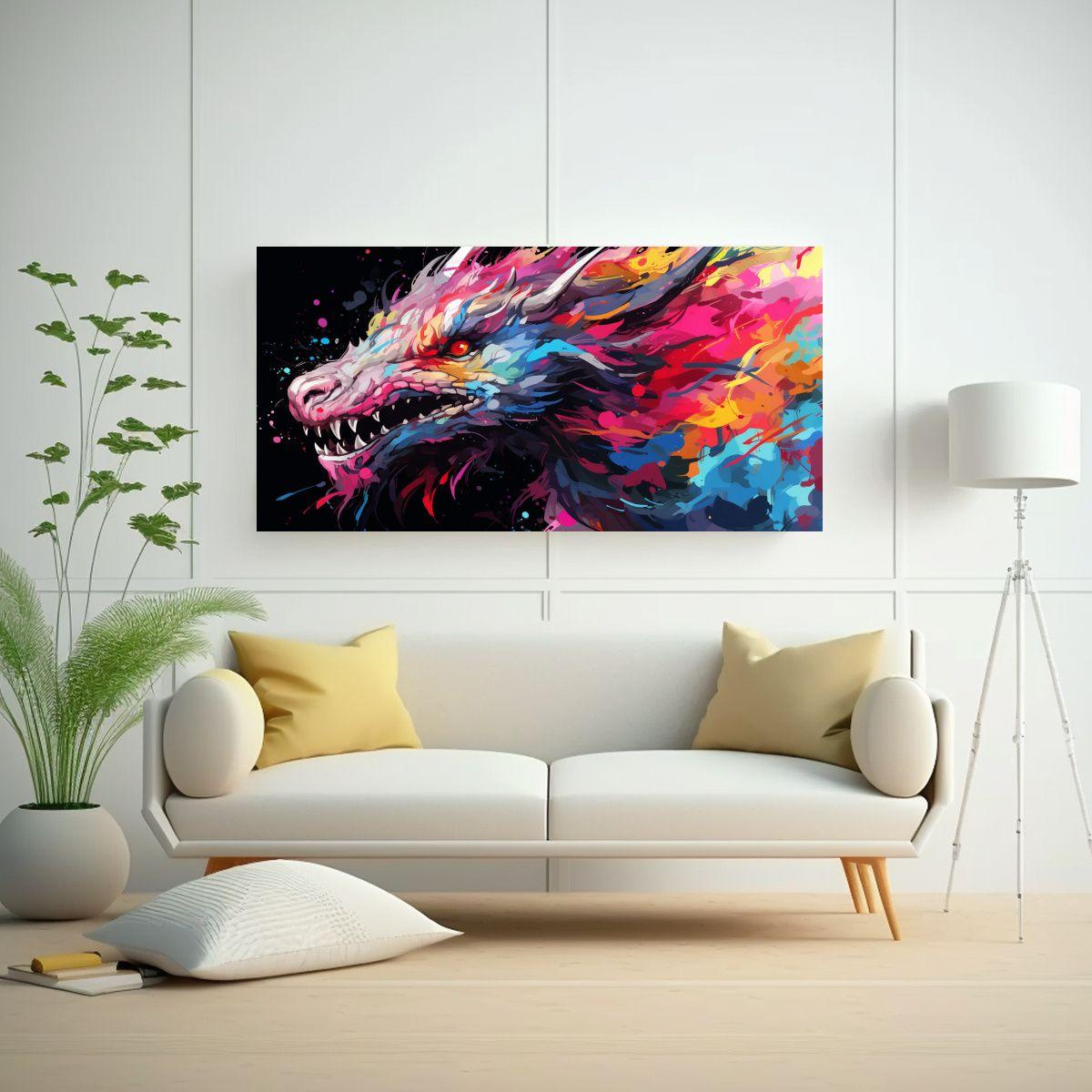 Dragón En Colores Arcoíris Y Pasteles: Arte 100x50 Cm-2