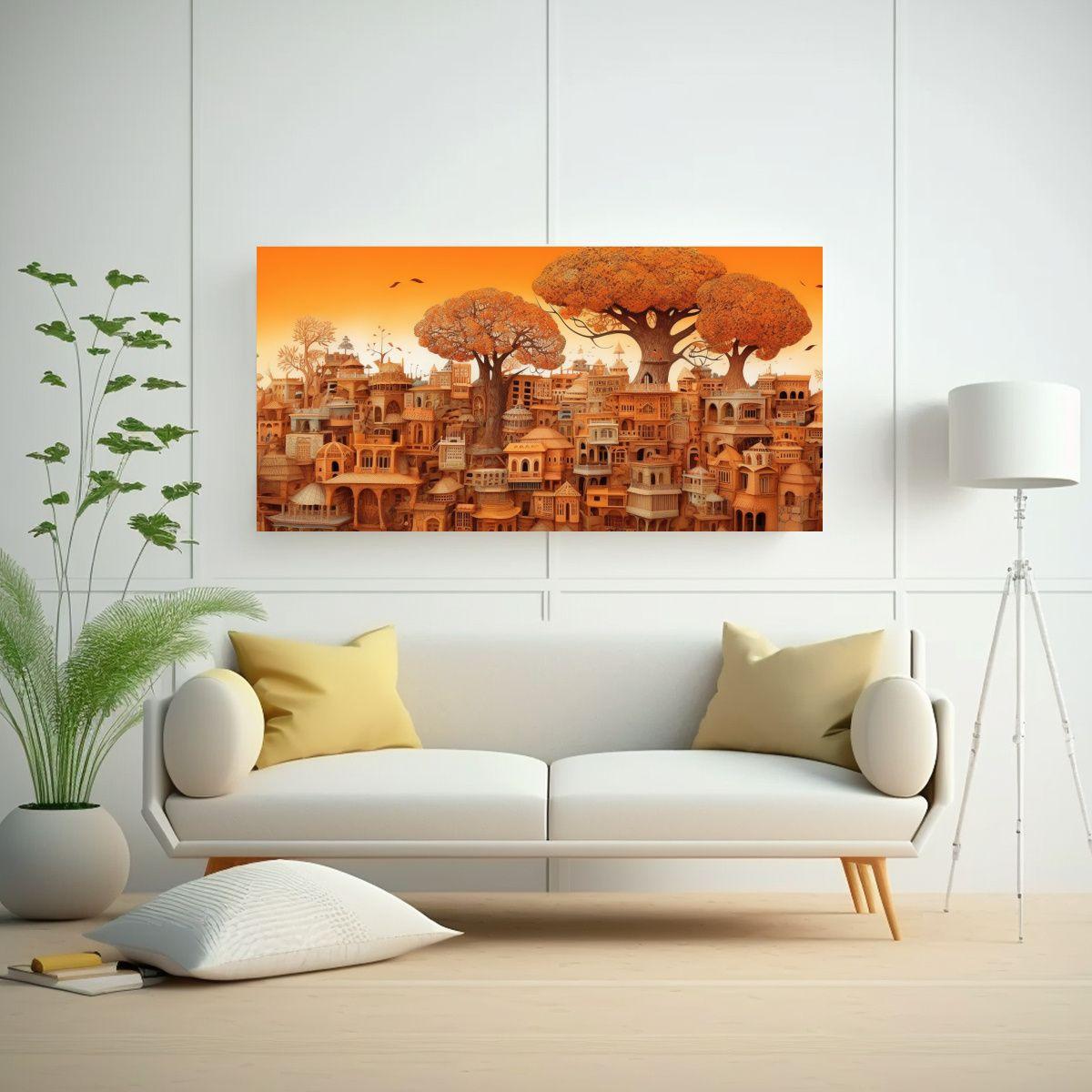 Cuadro Lienzo Esquema árbol Naranja Y Ciudad 60x30cm-2
