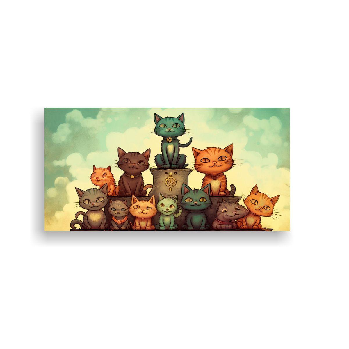 Cuadro De Gatos En Colores Intensos Sobre Montón. 140x70cm-0