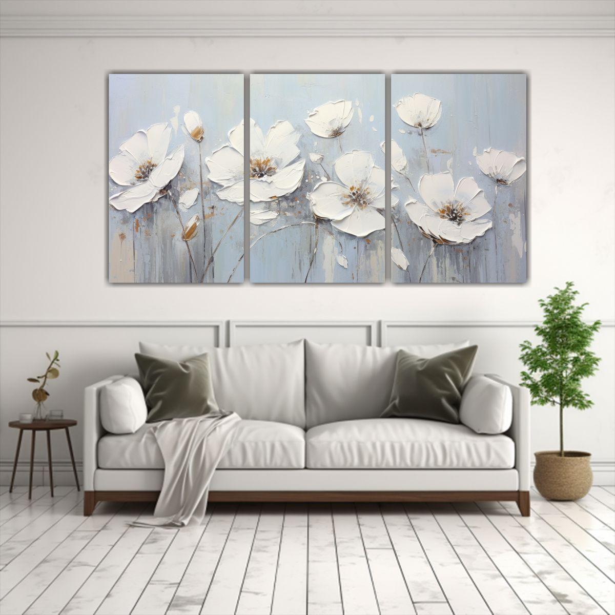Pintura En Lienzo De Flores Blancas Y Plateadas 180x90 Cm-2