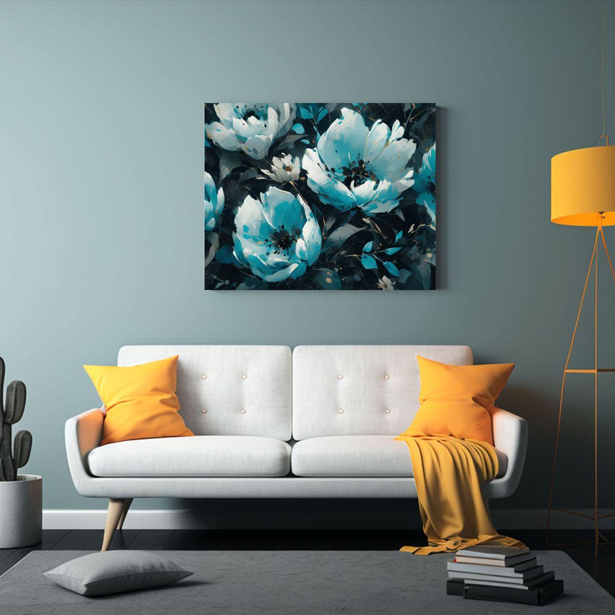 Cuadro Vanguardia Interiores Flores Turquesa Y Negras En Lie 50x40cm-2