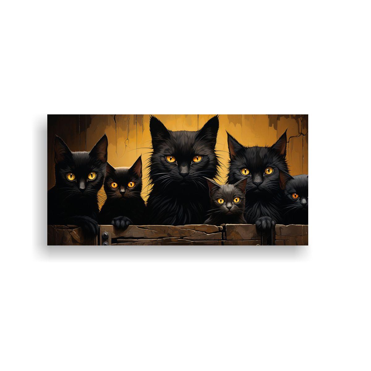 Cuadro De Tela Con Nueve Gatos Negros Y Ojos 120x60cm-0