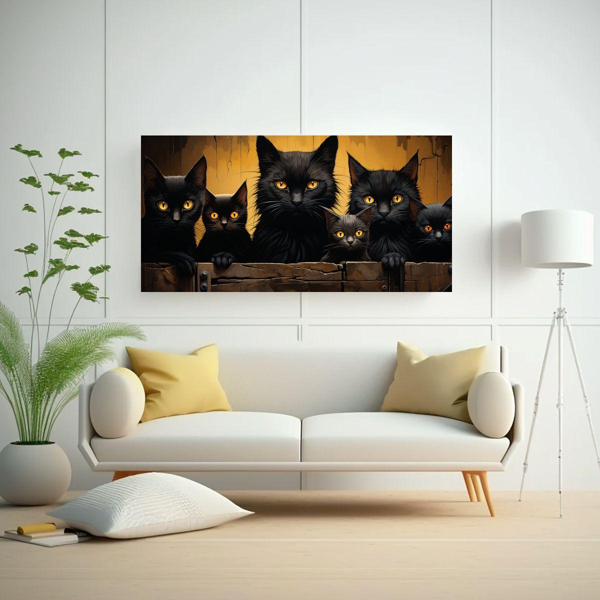 Cuadro De Tela Con Nueve Gatos Negros Y Ojos 120x60cm-2