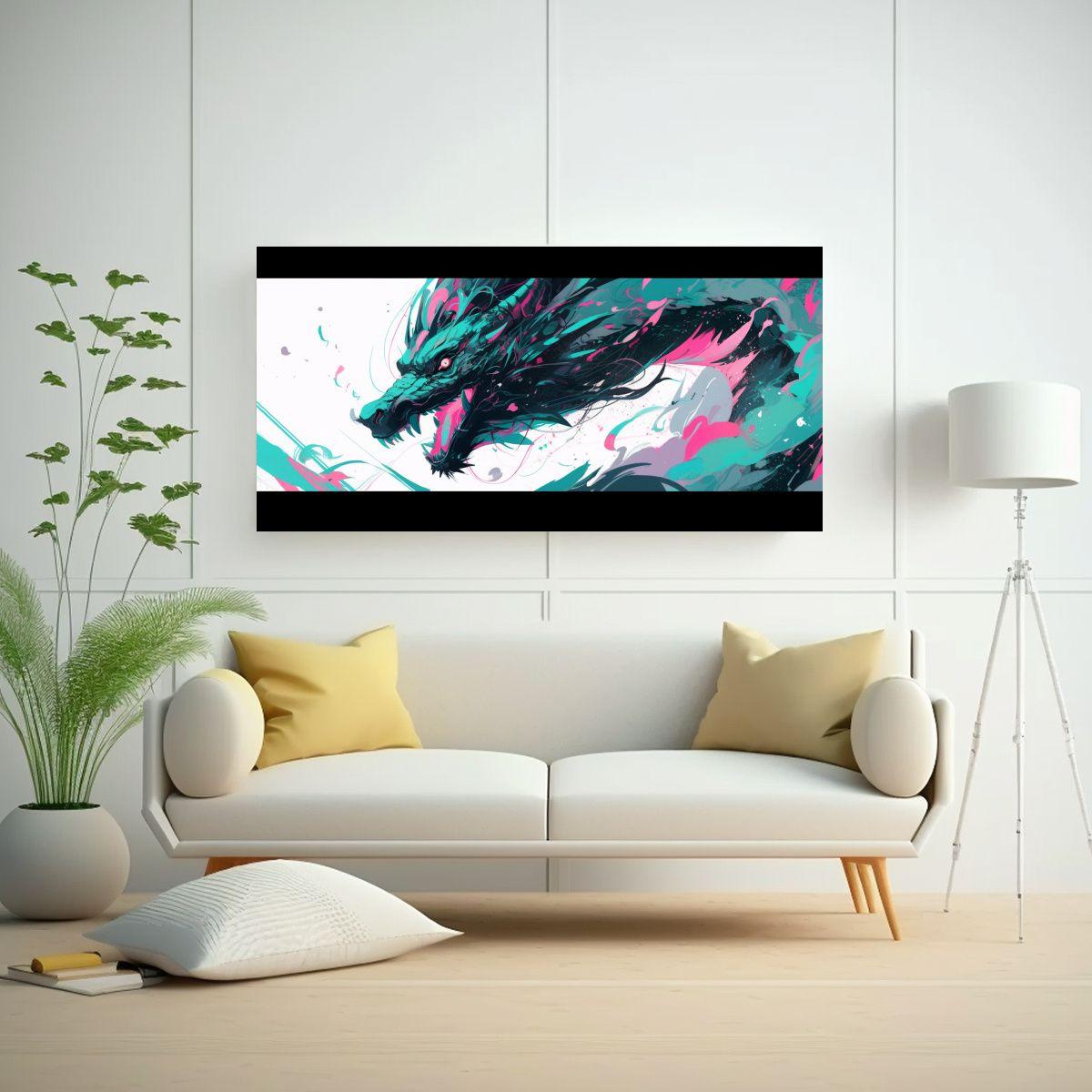 Pintura Decorativa: Dragón En Tonos Pastel Y Turq 60x30cm-2