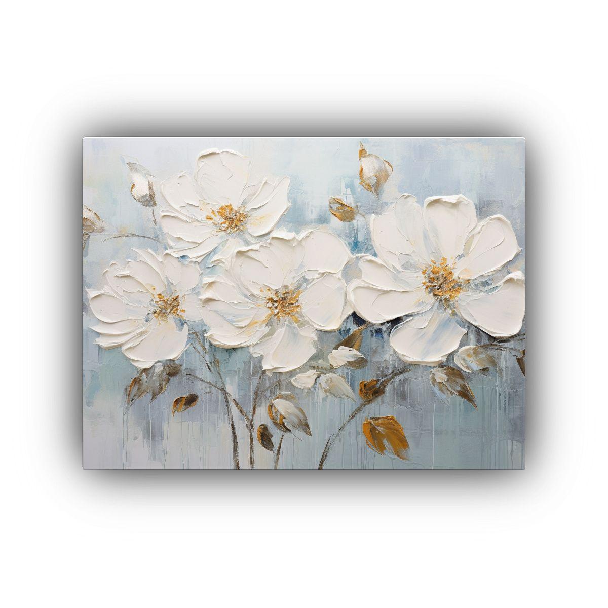 Pintura Floral Blanca Y Plateada En Lienzo Para Decoración  50x40cm-0
