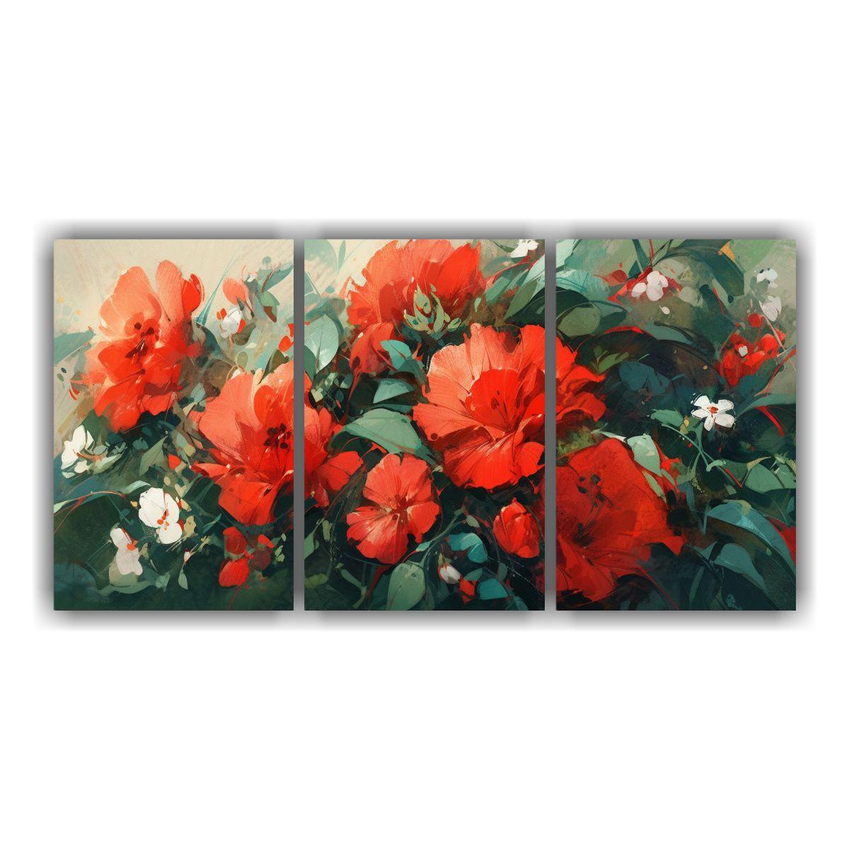 Cuadros Horiz. De Flores Verde Y Rojo En Lienzo 60x30 Cm-0
