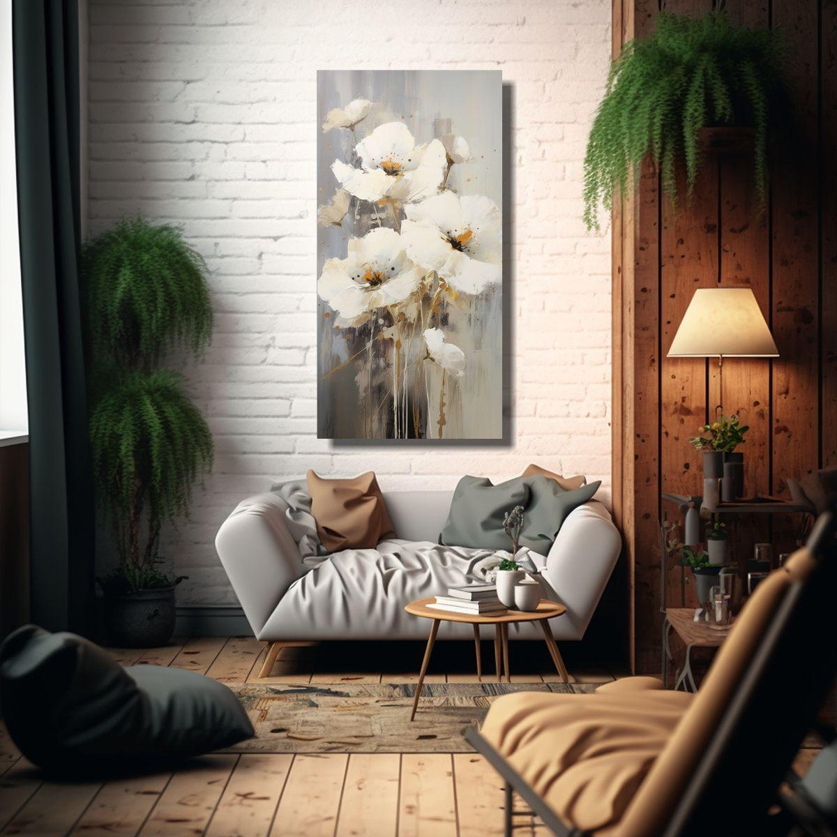 Cuadro Minimalista De Amapolas Blancas En Lienzo 50x100cm-2