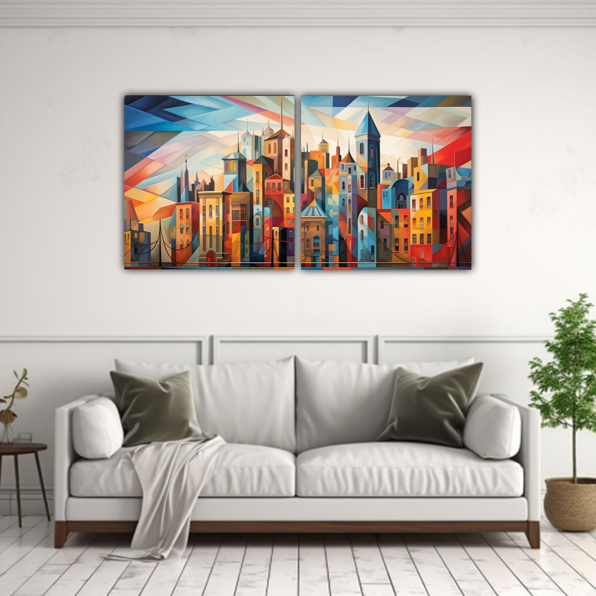 Paisaje Urbano Cubista En Pinturas Decorativas 60x30 Cm-2