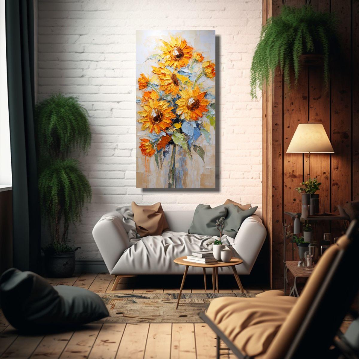 Cuadro De Pintura Creativa Con Girasoles Naranjas 70x140cm-2