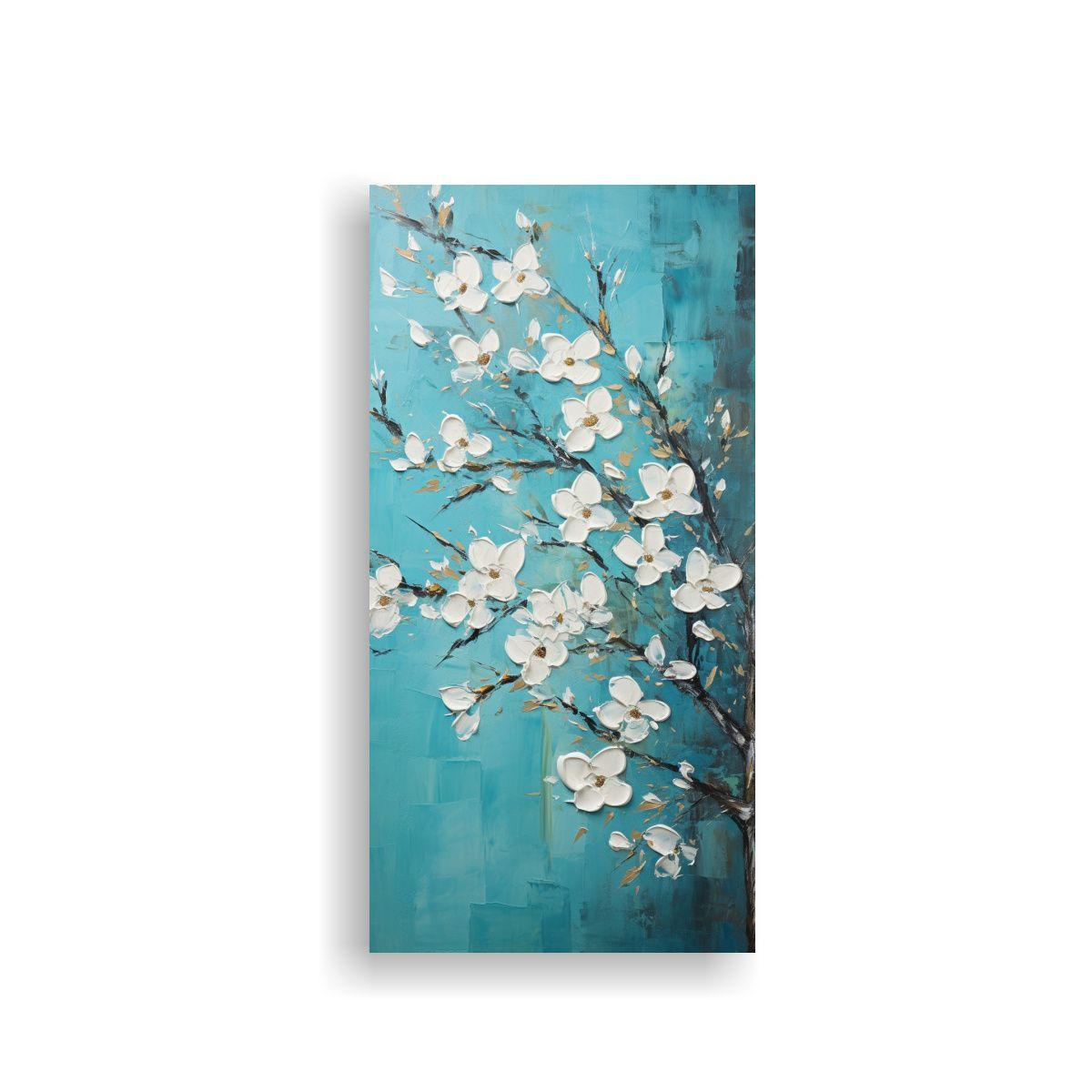 Flor Sakura Cherry En Color Turquesa Lienzo De 30x60cm-0