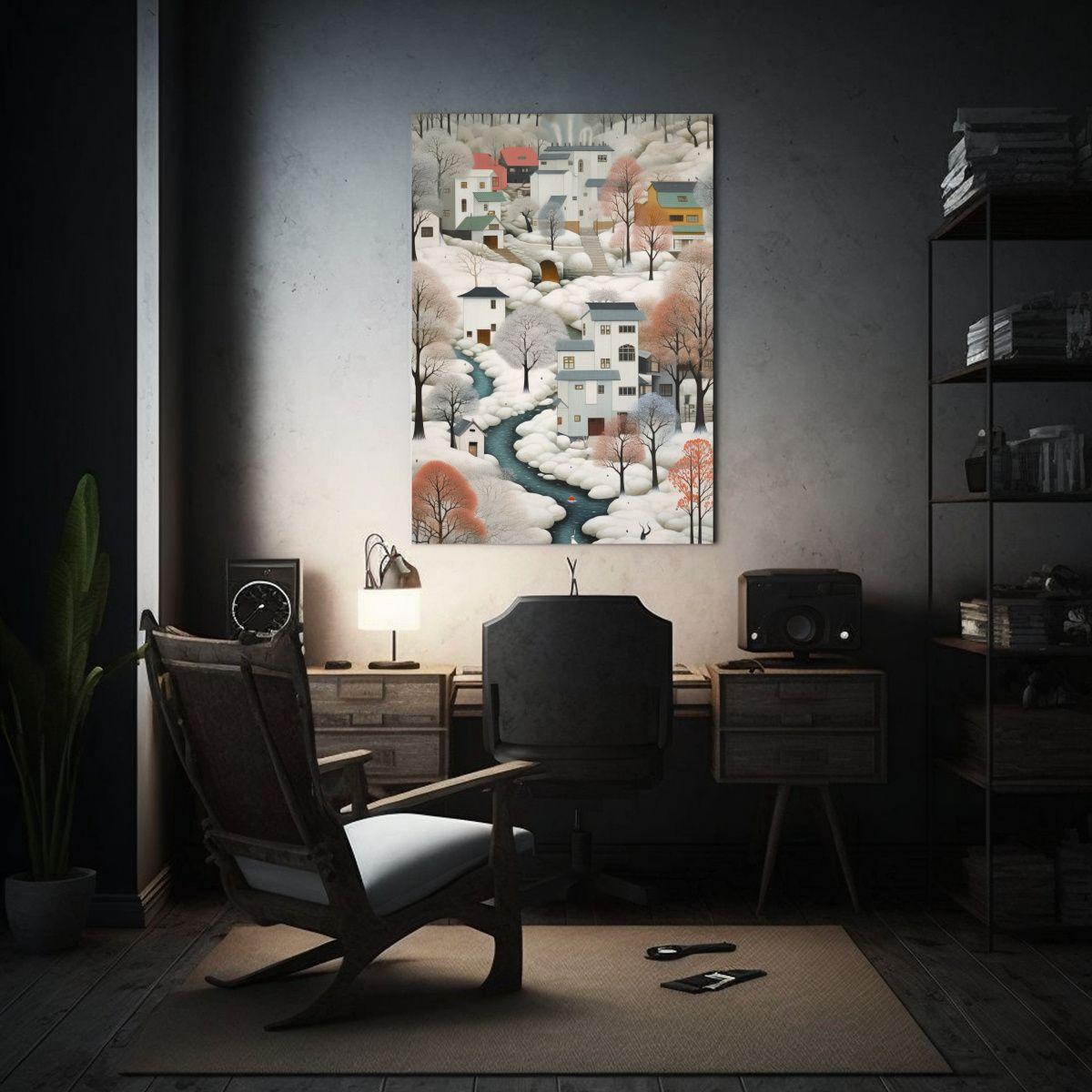 Paisaje Invernal Con Casas Blancas En Pendientes: 80x120cm-2