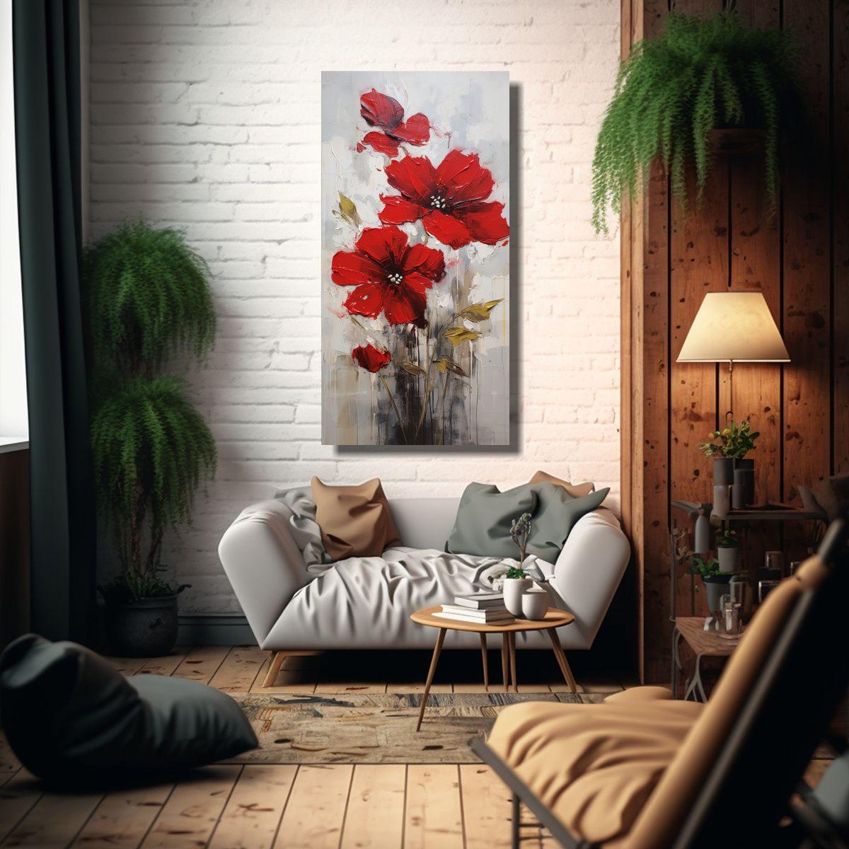 Pintura En Lienzo Estilo Decorativo: Flor Roja 40x80cm-2