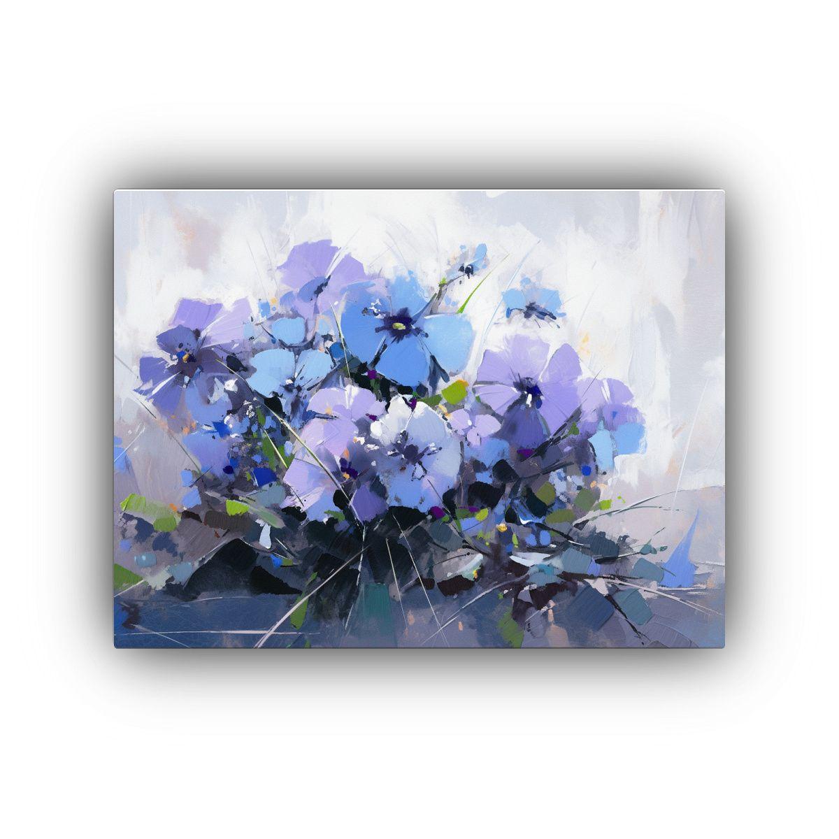 Pintura Sobre Lienzo De Flores En Colores Púrpura Y Azul. 30x20cm-0