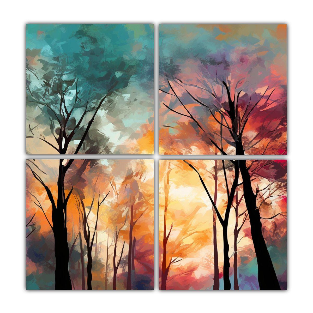 Cuatro Cuadros Abstractos De Árboles Con Colores 40x40 Cm-0