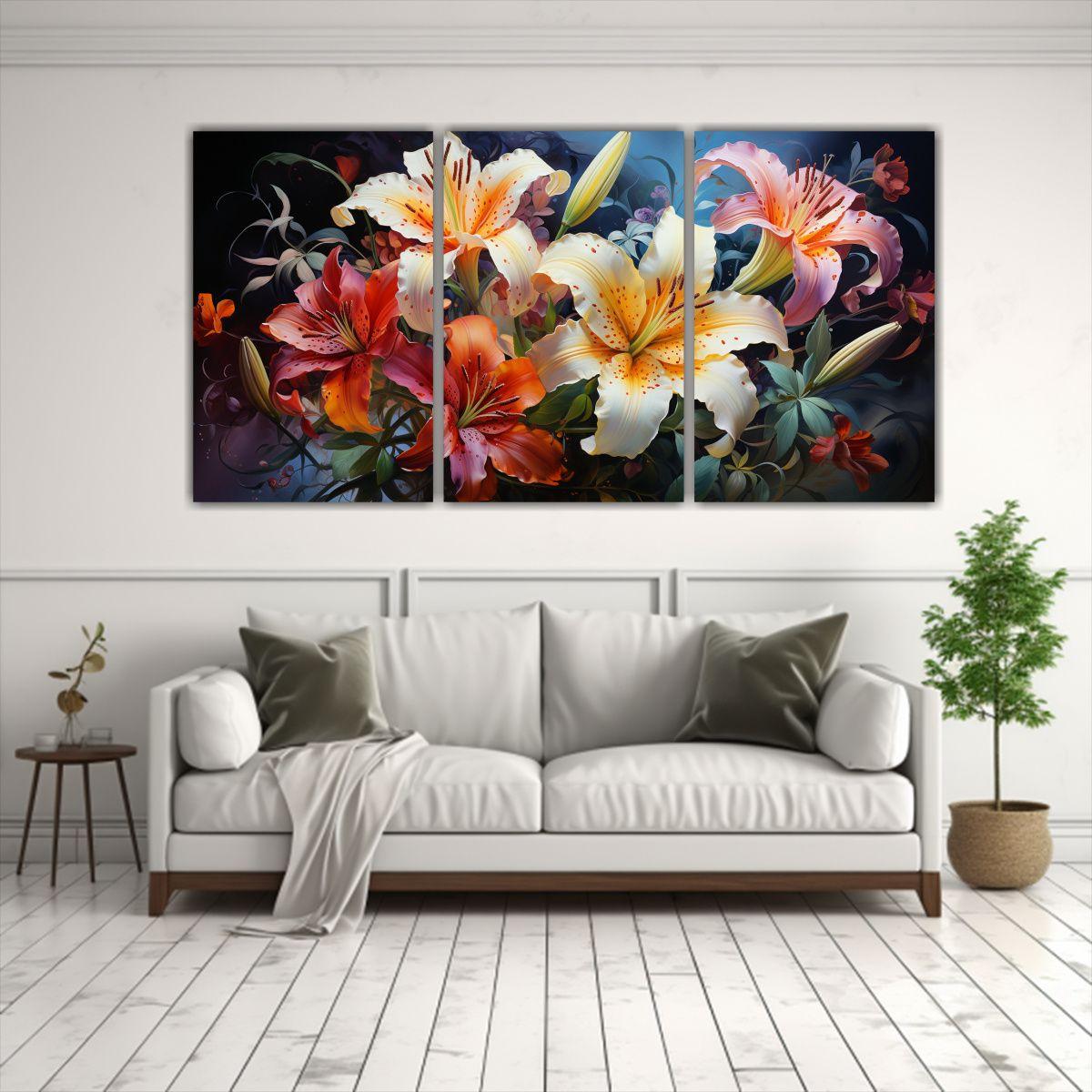 Tríptico Lienzos Dibujo Luminosidad Lirios 150x75 Cm-2