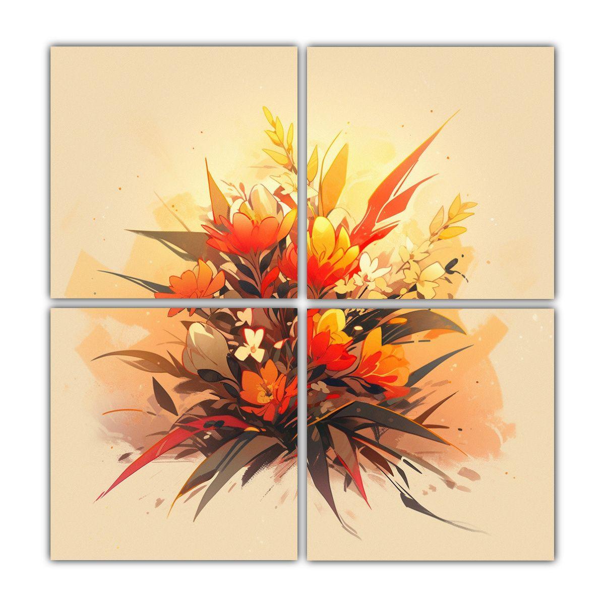 4 Lienzos Patron Intenso Mural Amarillo Y Rojo 100x100 Cm-0