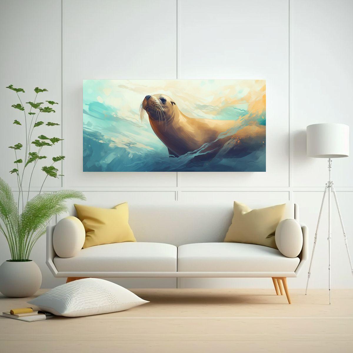 Cuadro Tema Ambiente León Marino Acuarela 120x60cm-2