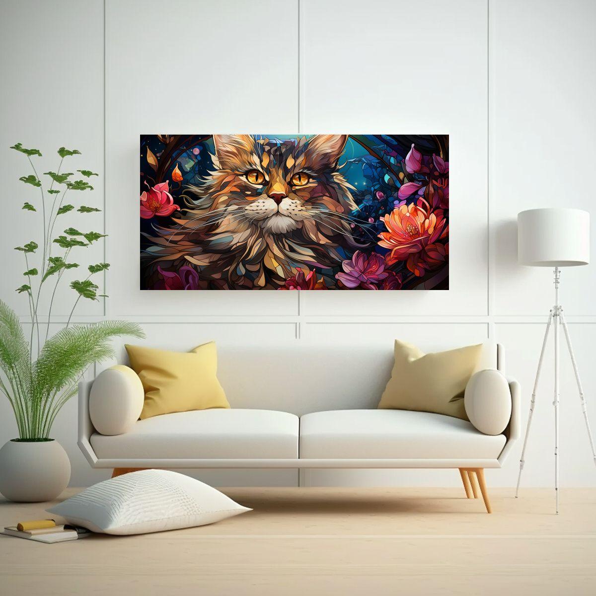 Pintura Sobre Lienzo De Gato Sonriente En Vitral: 80x40cm-2
