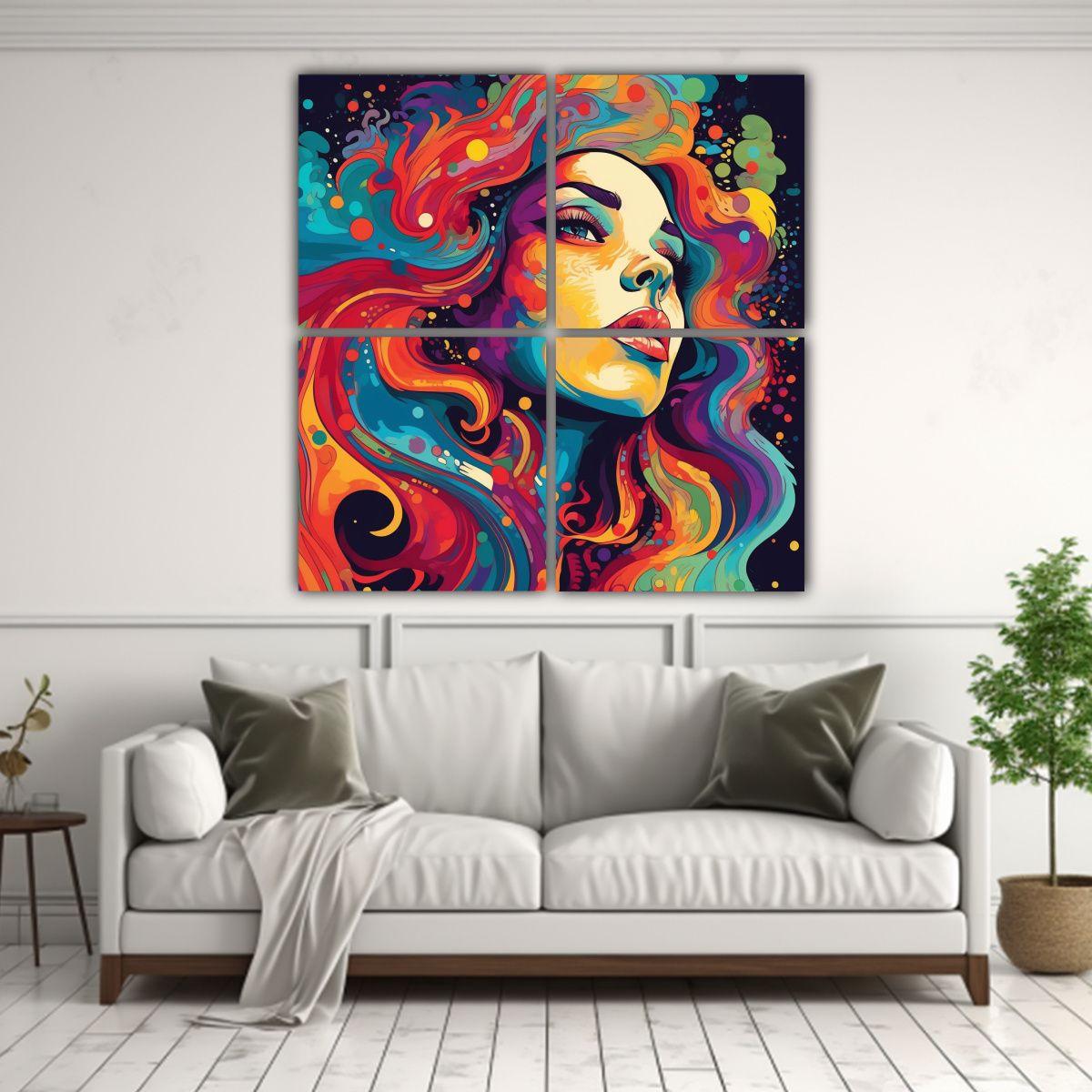 4 Cuadro Mujer Rostro Colorido En Estilo Arte 60x60 Cm-2