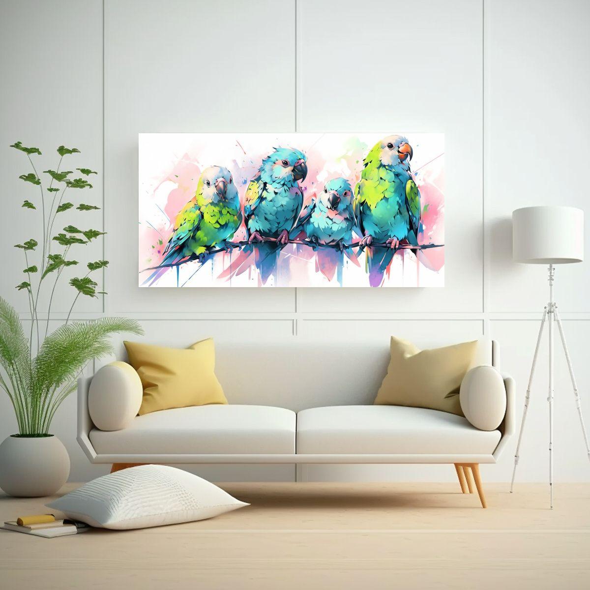 Pinturas Decorativas De Loros En Tonos Pastel Y Az 120x60cm-2