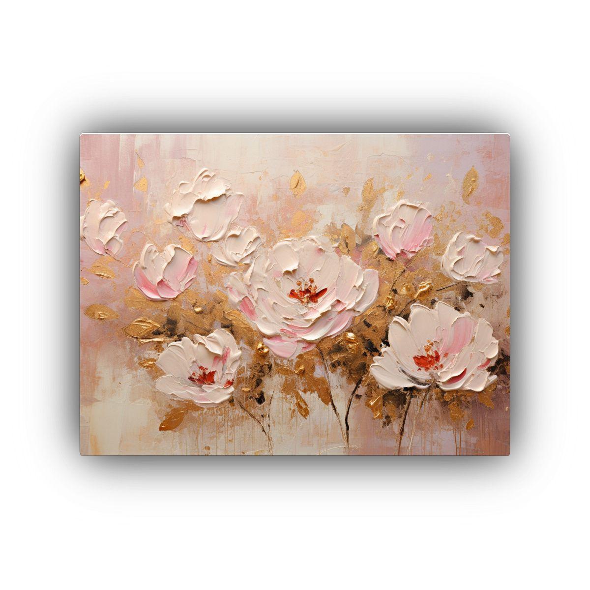 Pintura Mural De Flores En Tonos Dorados Y Rosados 65x50cm-0