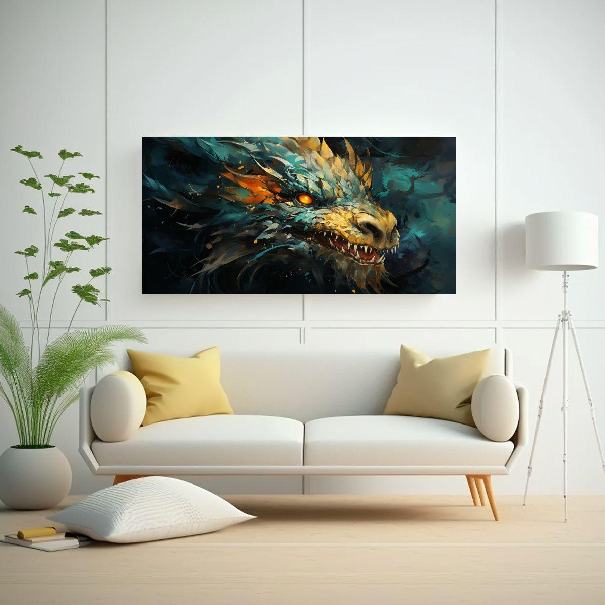 Adorno Moderno: Dragón En Verde Y Oro, Atmosfera 100x50 Cm-2