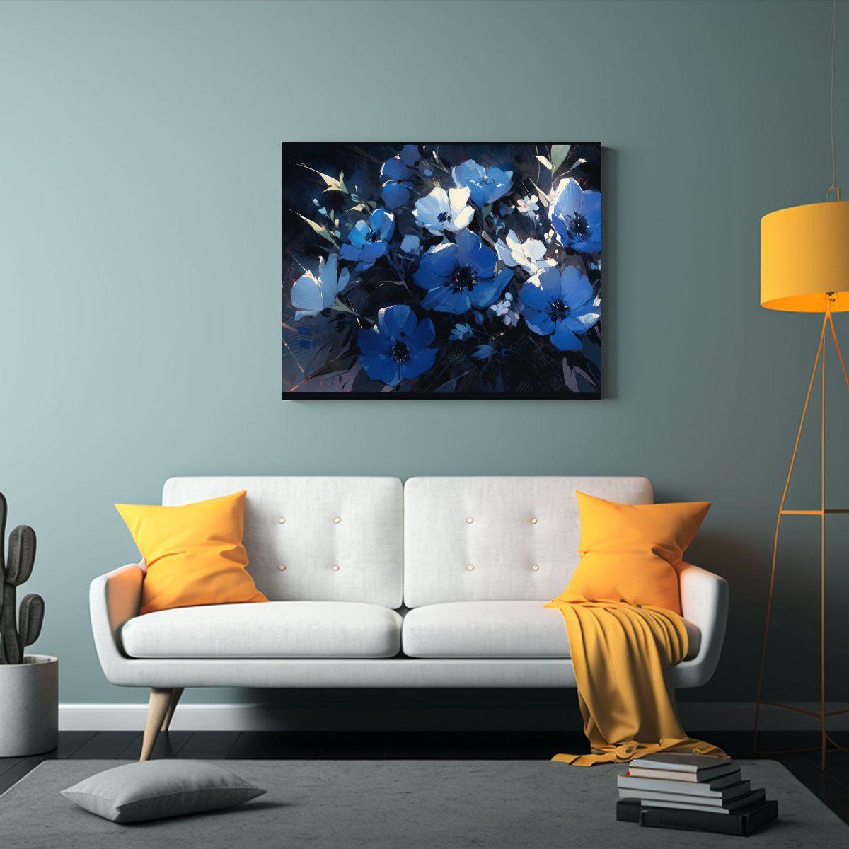 Pintura De Flores En Lienzo En Colores Negro Y Azul Con Dise 45x30cm-2