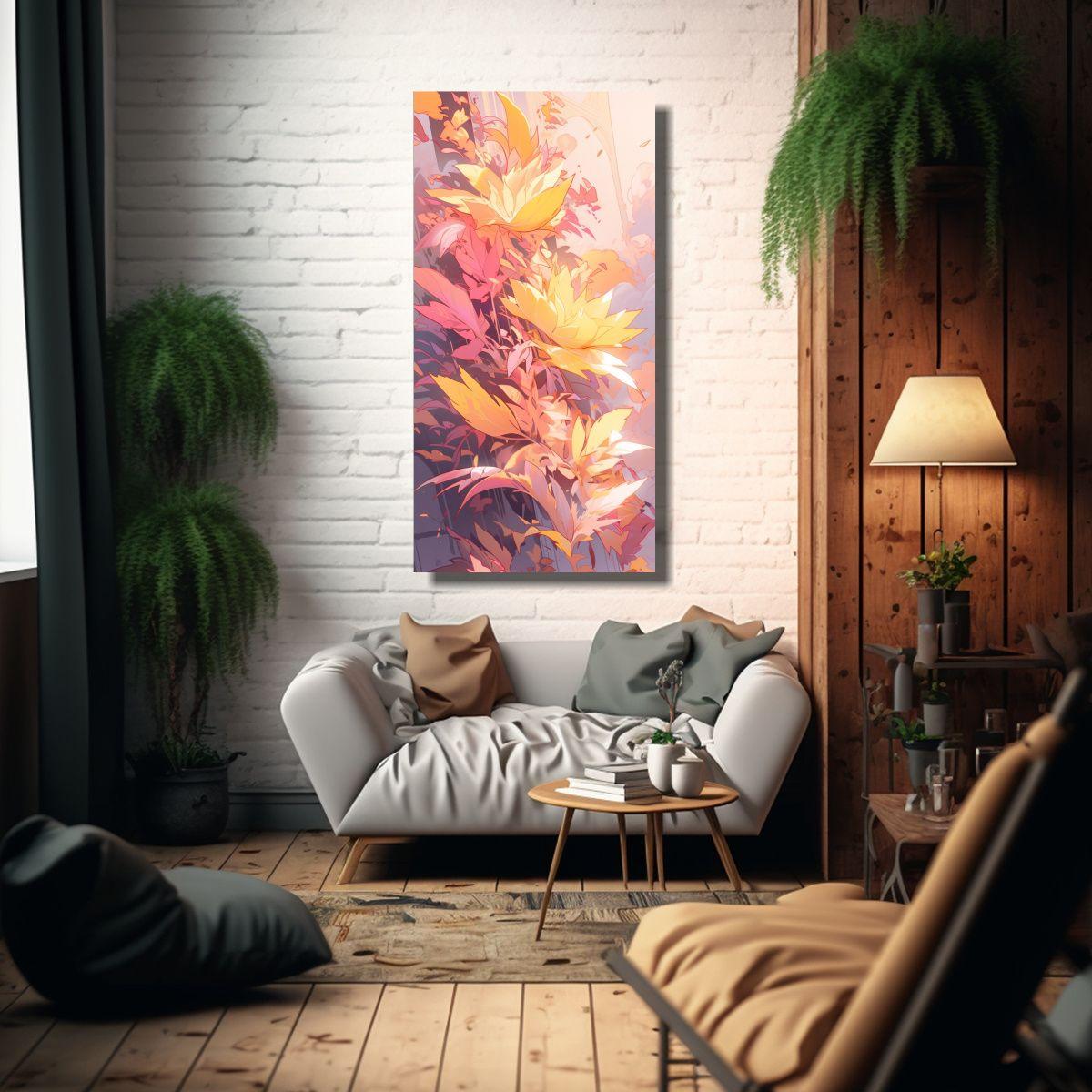 Arte De Pared Floral Amarillo Y Rosa En Estilo 30x60cm-2